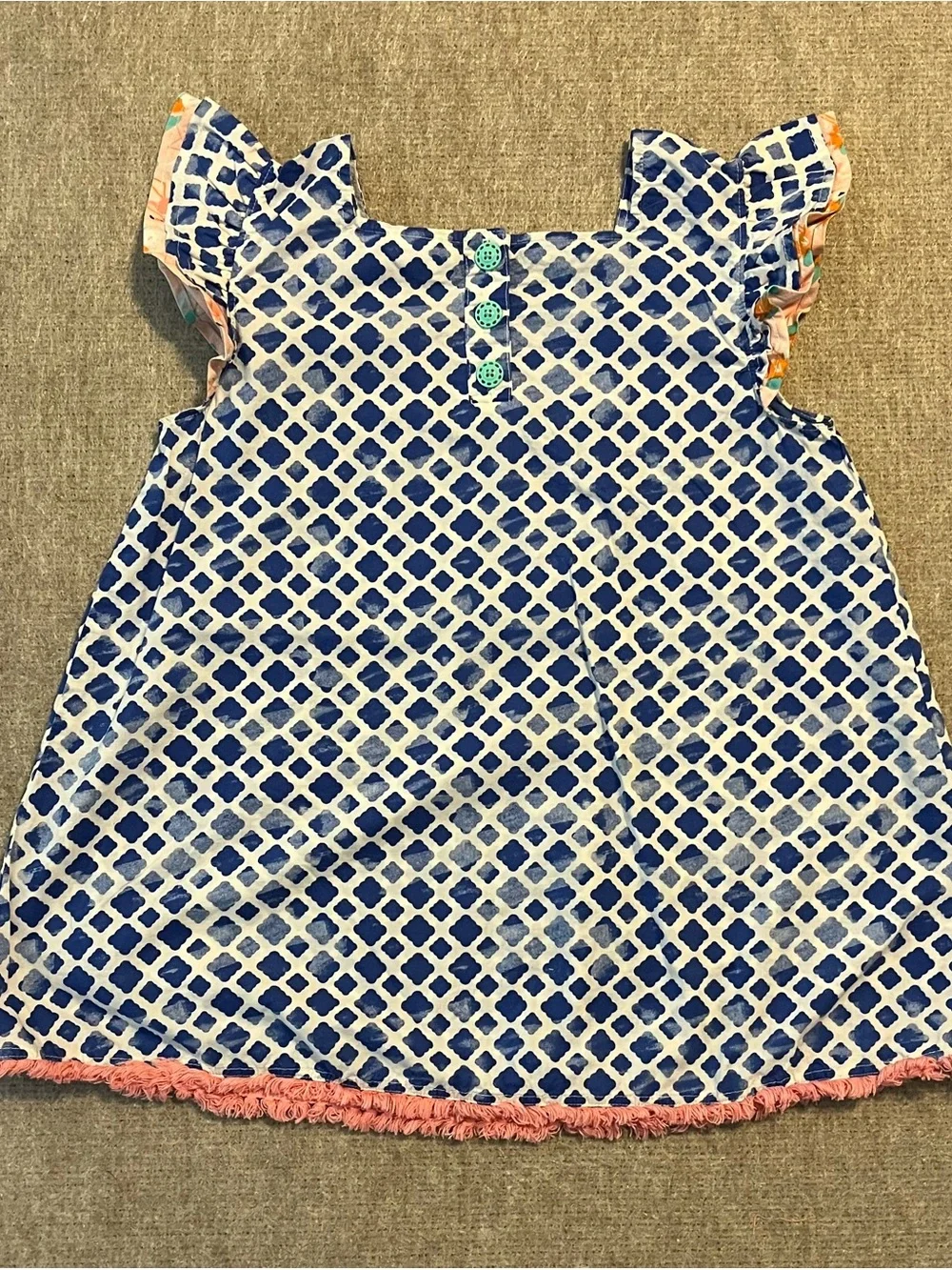 Matilda Jane Girls Size 12 Blue Geometric Flutter Sleeve Dress Pom Trim